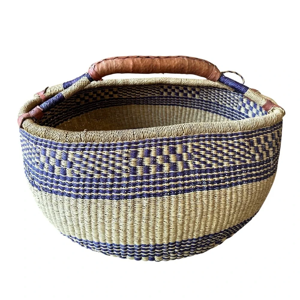 Handmade Woven Bolga Market Basket Purple Natural Straw Leather Handle